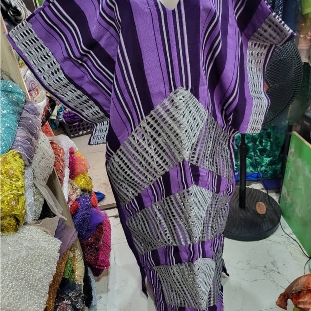 African Aso Oke Purple and Gray Striped Kaftan Dress. Fits L - XL. Boubou